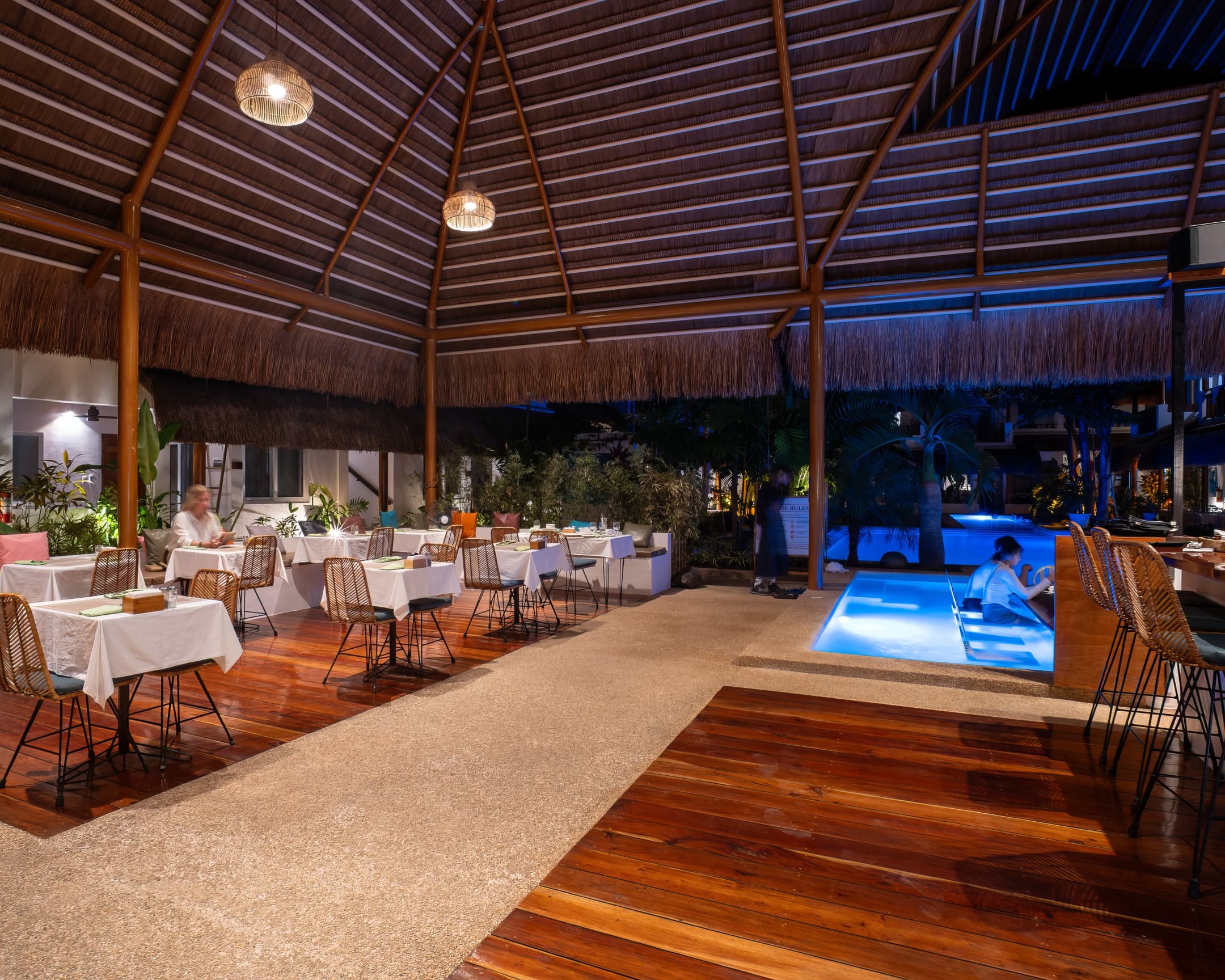 Restaurant terrace beside the night pool at Bathala Resort