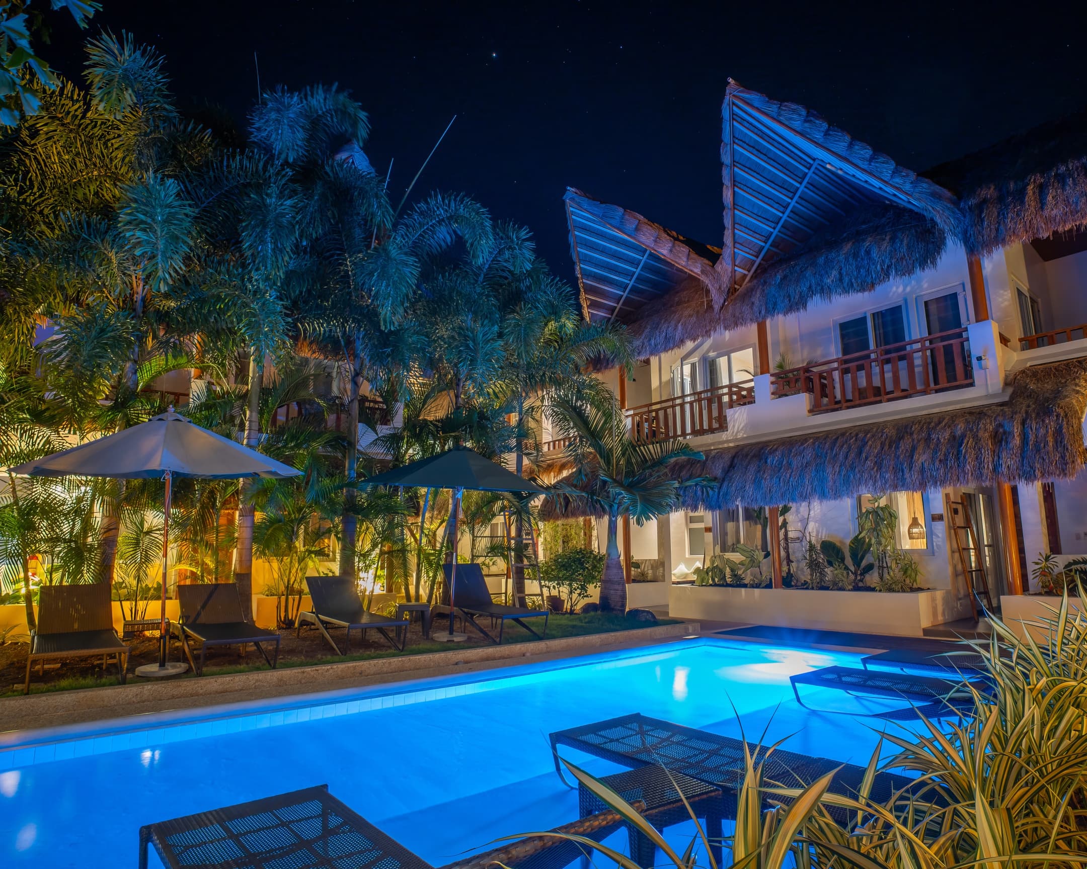 Evening pool courtyard at Bathala Resort
